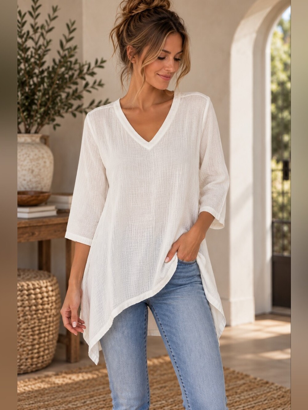 Woman Within White Gauze Tunic Top 18/20 L Cotton V-Neck Boho Handkerchief Hem